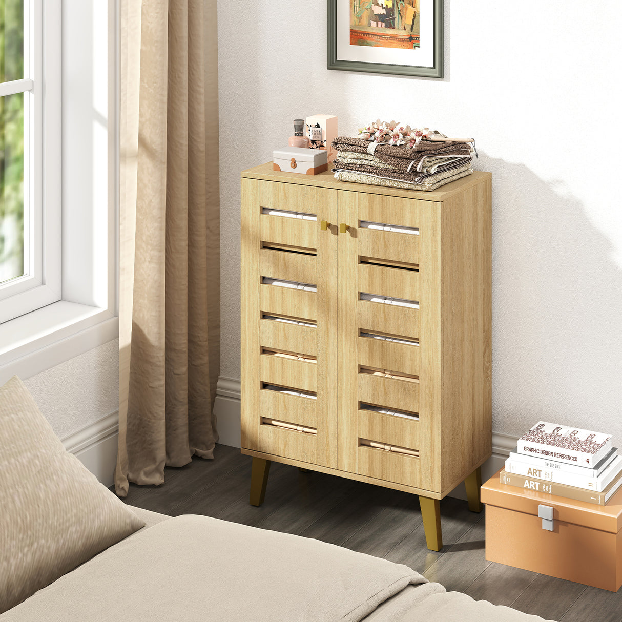 4-Tier Modern Freestanding  Wooden Shoe Cabinet with Doors and Removable Shelves-Oak