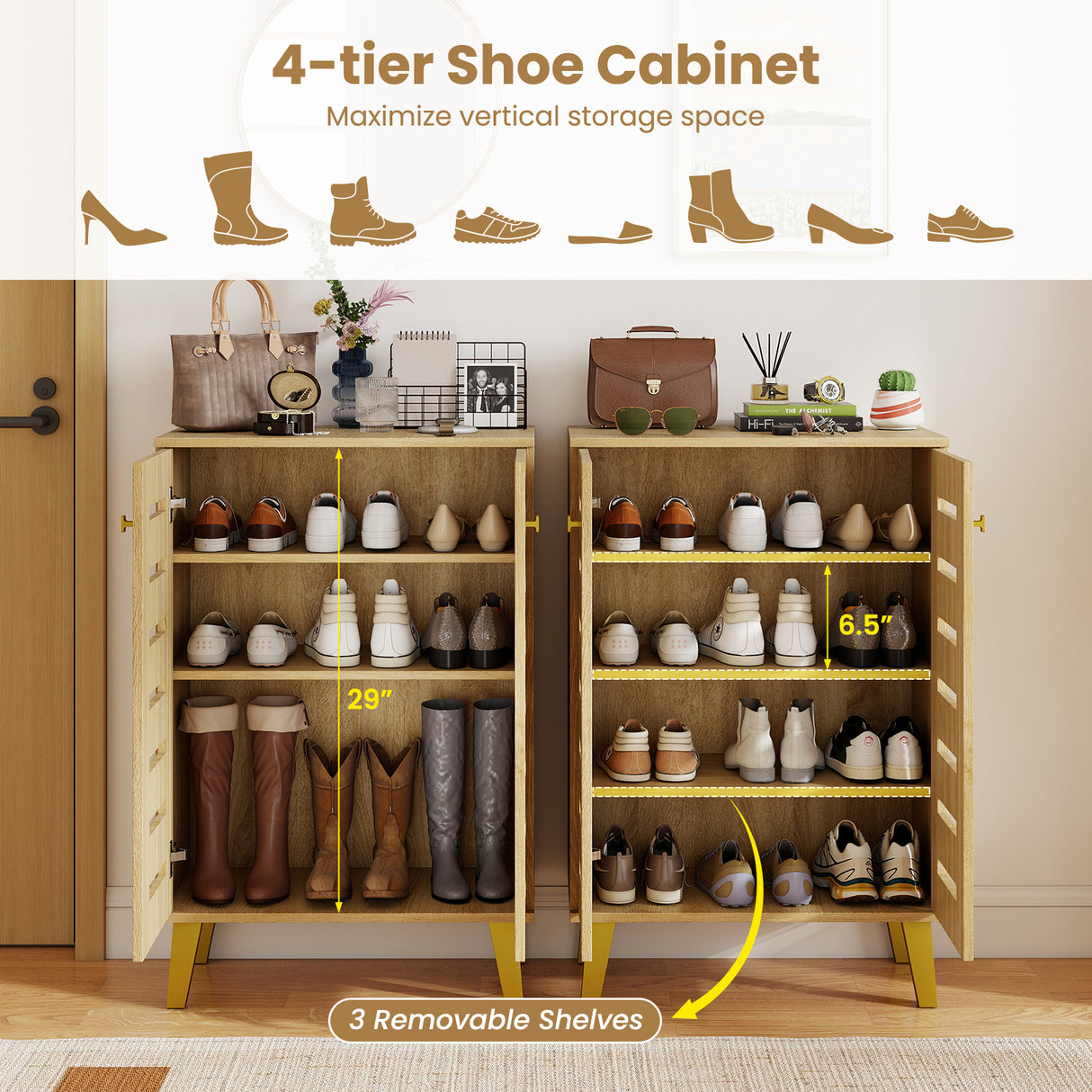 4-Tier Modern Freestanding  Wooden Shoe Cabinet with Doors and Removable Shelves-Oak