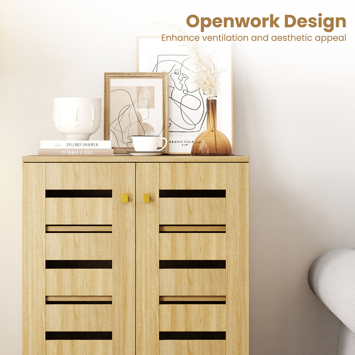 4-Tier Modern Freestanding  Wooden Shoe Cabinet with Doors and Removable Shelves-Oak