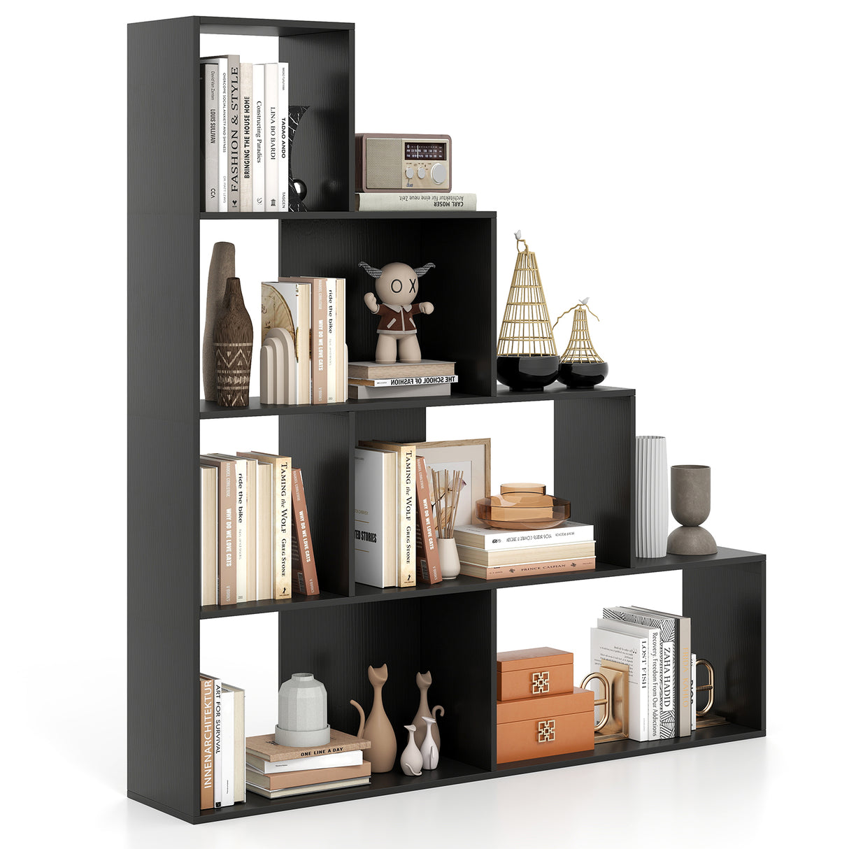 4-Tier Bookshelf Stair Bookcase with 6 Cubes Display Rack
