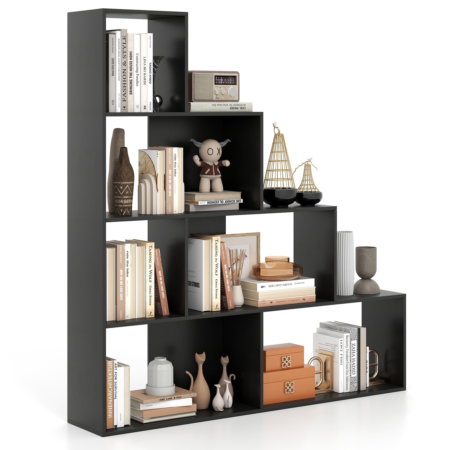 4-Tier Bookshelf Stair Bookcase with 6 Cubes Display Rack