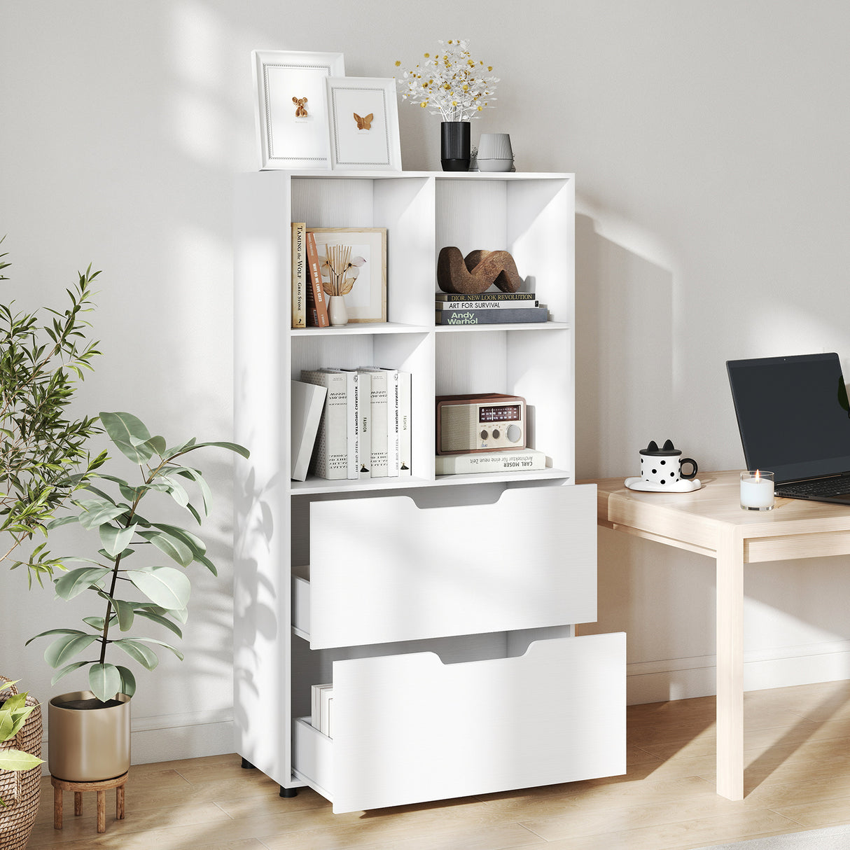 4-Tier Open Bookcase with 2 Drawers and 4 Storage Cubes-White