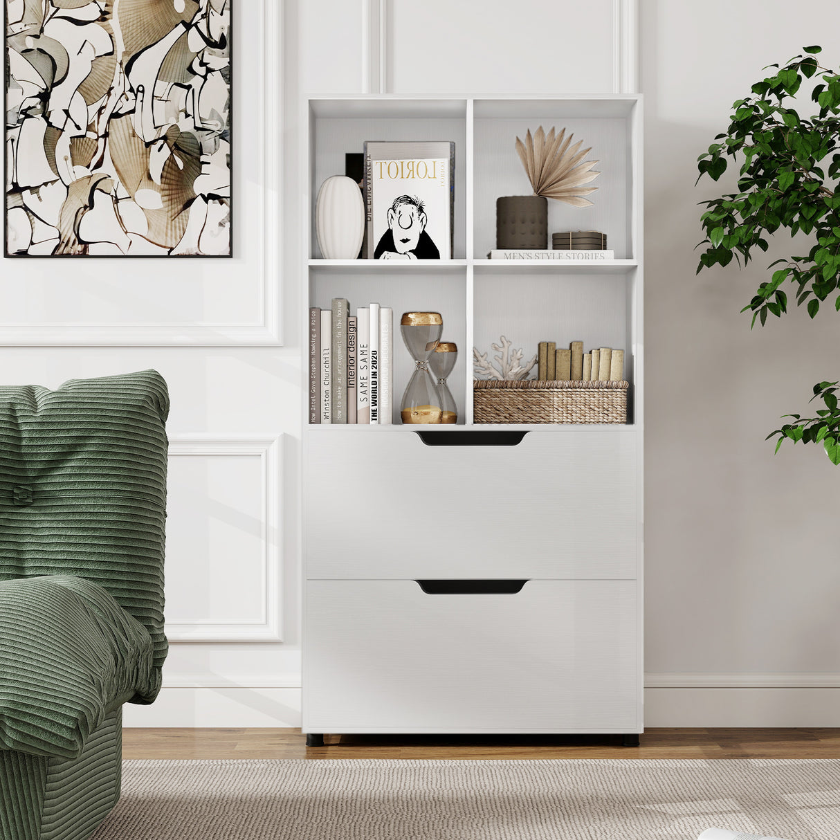 4-Tier Open Bookcase with 2 Drawers and 4 Storage Cubes-White