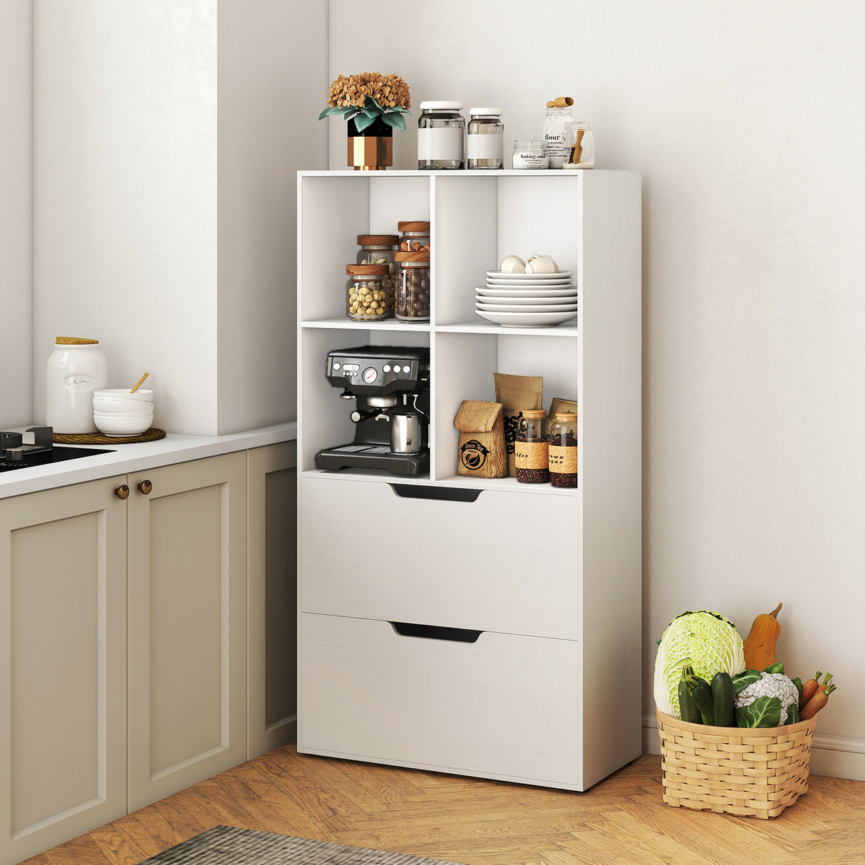 4-Tier Open Bookcase with 2 Drawers and 4 Storage Cubes-White