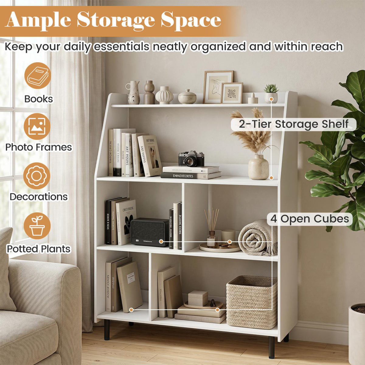 4-Tier Open Modern Bookcase with 2 Anti-Tipping Kits-White