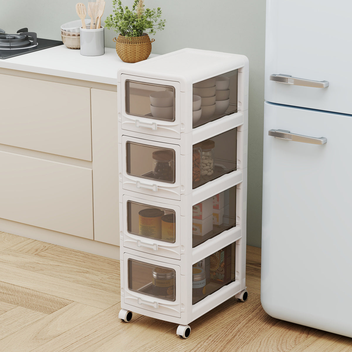 4-Tier/5-Tier/3-Tier Plastic Drawer Storage Organizer Rolling Cart with 3/4/5 Drawers and Lockable Wheels