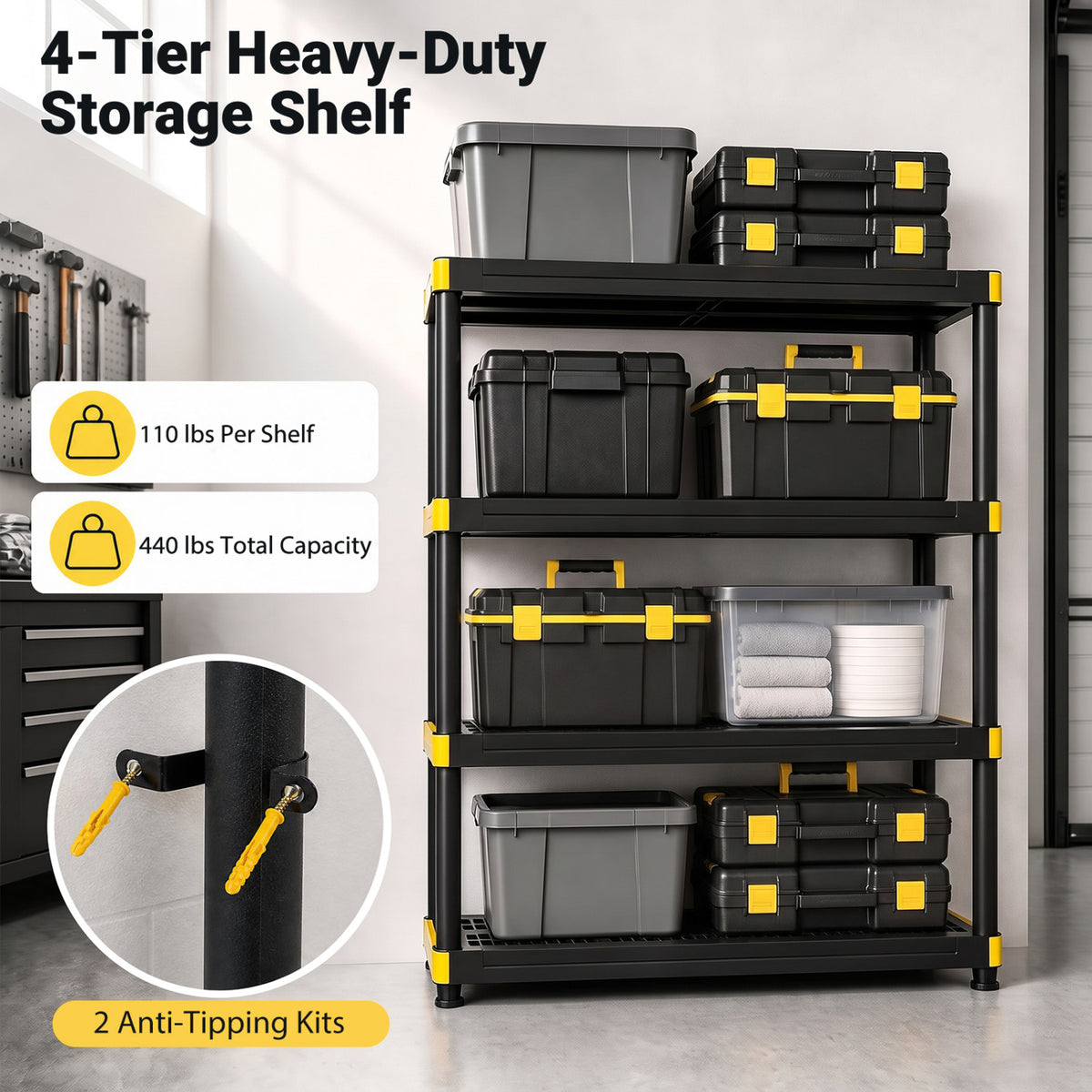 4-Tier Plastic Storage Shelf Heavy-Duty Utility Rack Freestanding Set of 2-Black