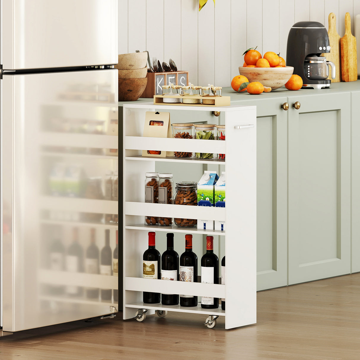 4-Tier Rolling Storage Cart Slim Kitchen Cart on Wheels with Open Shelves and Handle