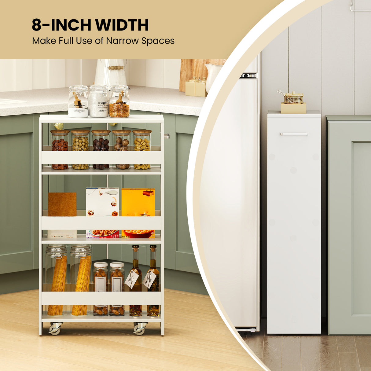 4-Tier Rolling Storage Cart Slim Kitchen Cart on Wheels with Open Shelves and Handle