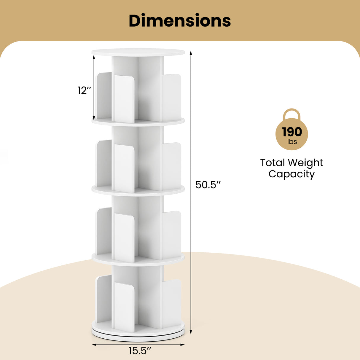 4-Tier Rotating Bookshelf 360Â° Display Rack with Dividers and Anti-falling Baffles