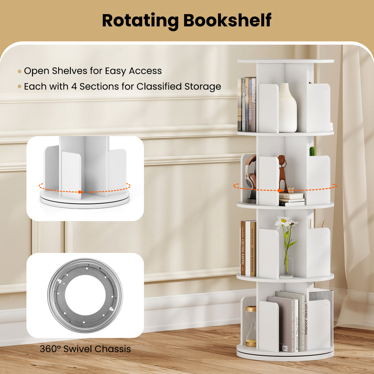 4-Tier Rotating Bookshelf 360Â° Display Rack with Dividers and Anti-falling Baffles