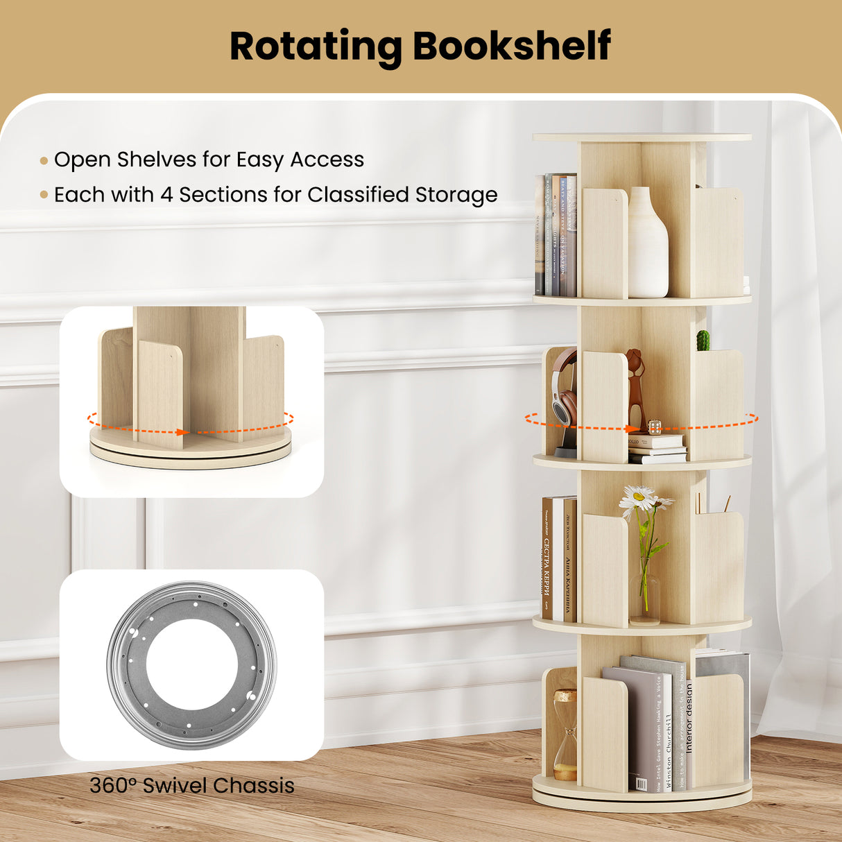 4-Tier Rotating Bookshelf 360Â° Display Rack with Dividers and Anti-falling Baffles