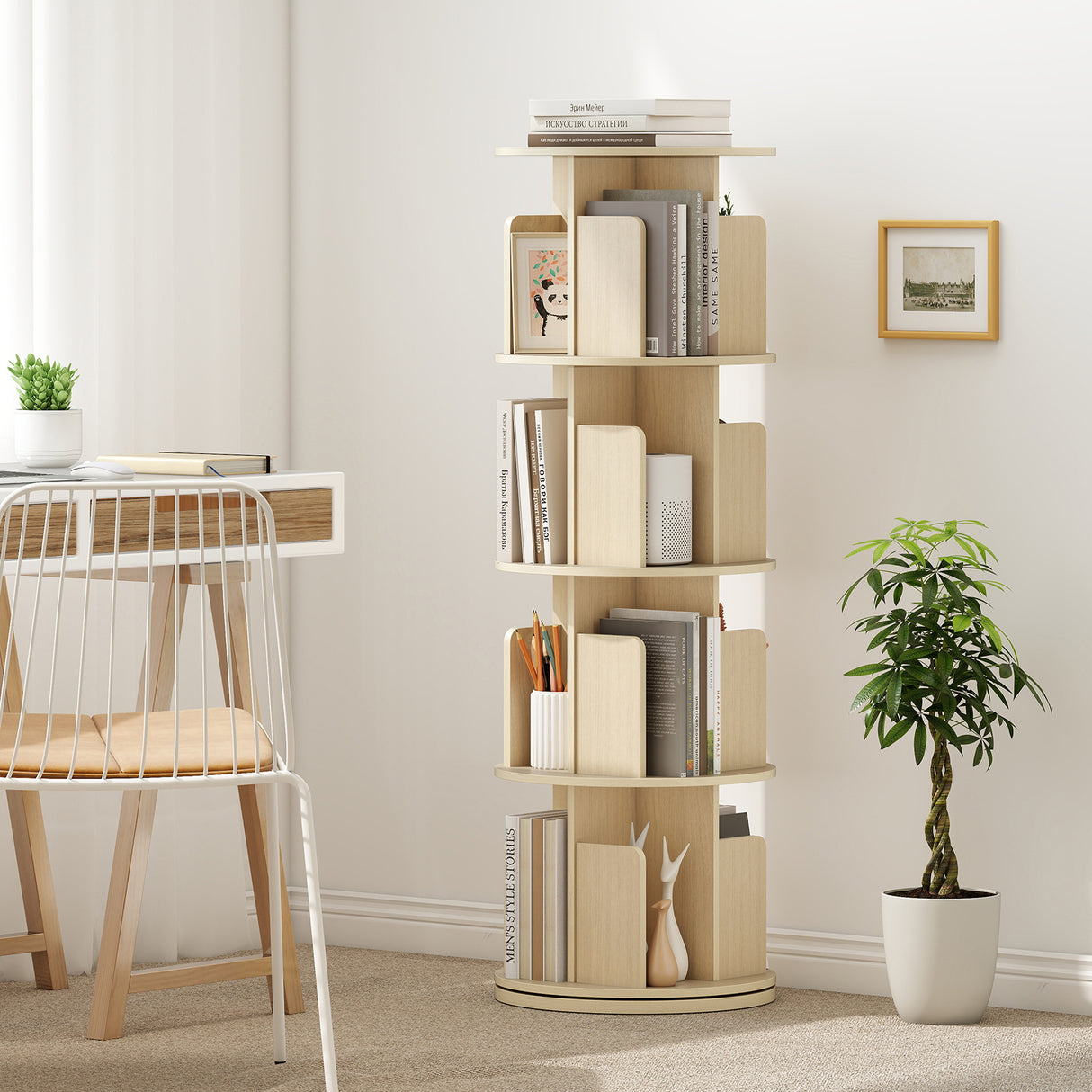 4-Tier Rotating Bookshelf 360Â° Display Rack with Dividers and Anti-falling Baffles
