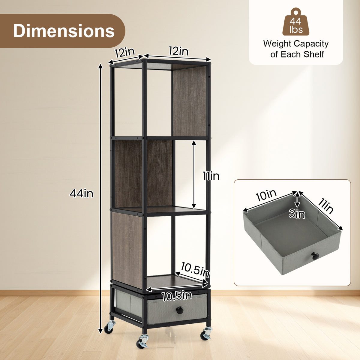 4-Tier Rotating Bookshelf on Wheels with Removable Drawer
