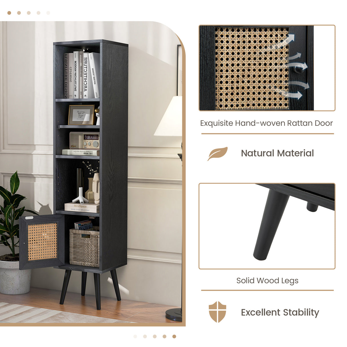 4 Tiers Rattan Storage Cabinet with Slim Design