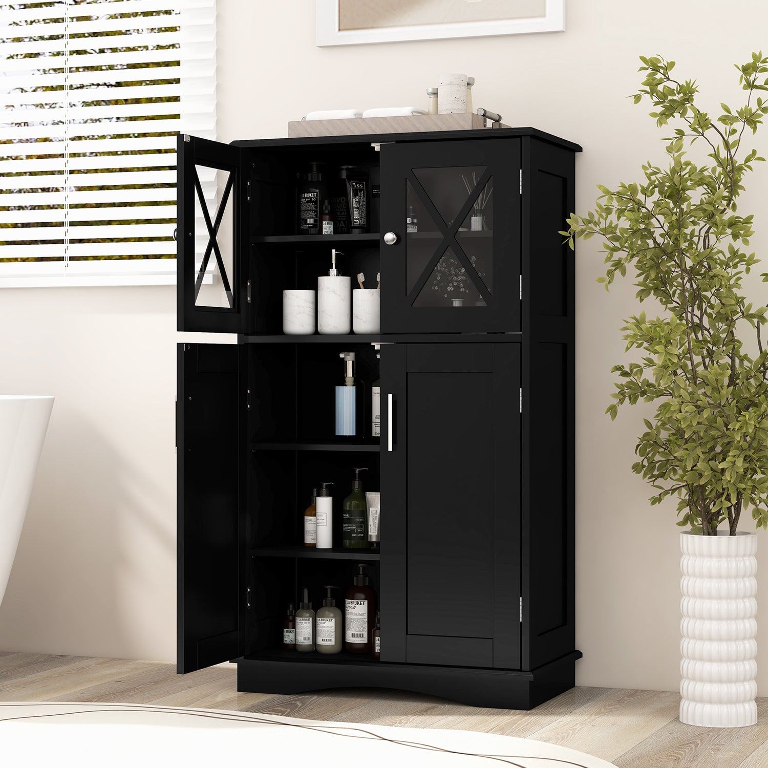 4 Doors Freeestanding Bathroom Floor Cabinet with Adjustable Shelves