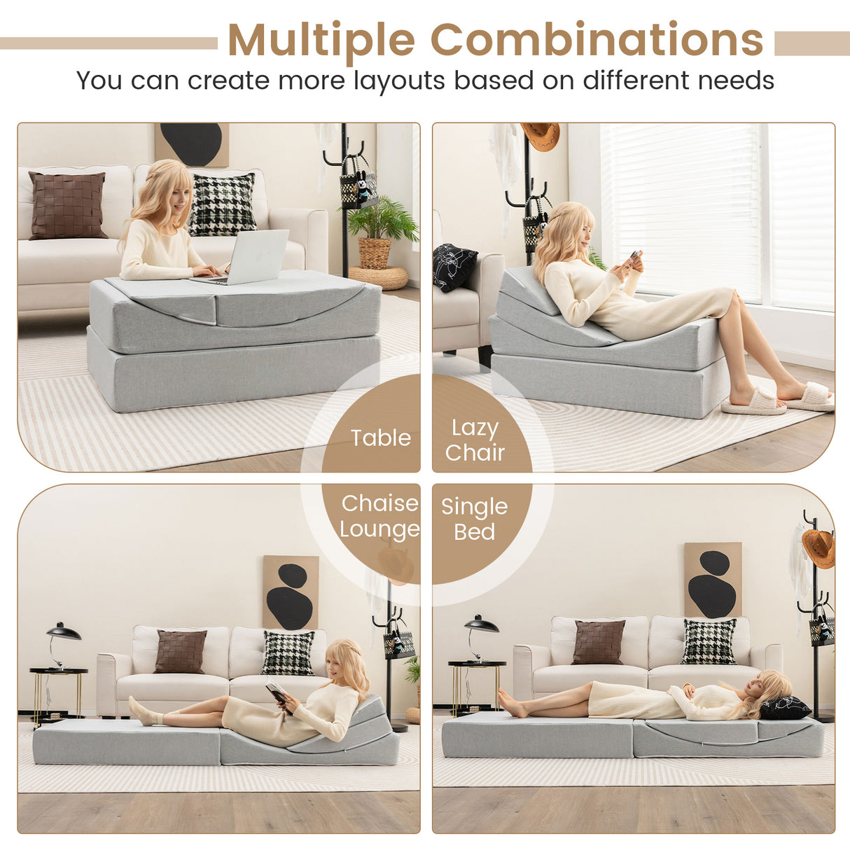 4-in-1 Convertible Folding Sofa Bed with High-Density Foam-Gray