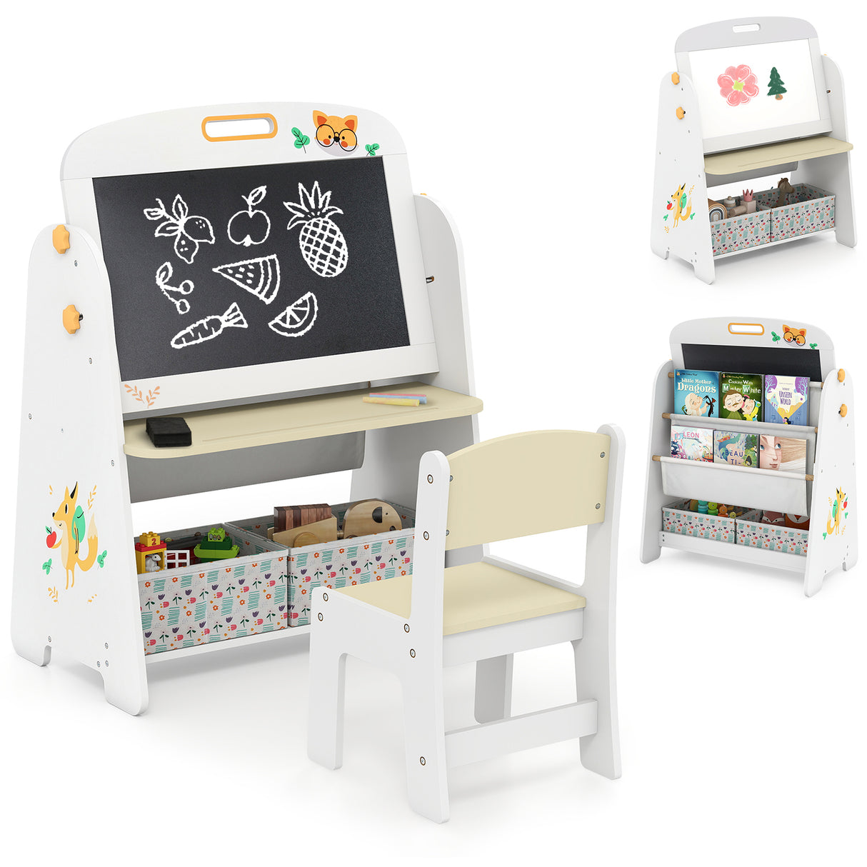 4-in-1 Kids Table and Chair Set Art Easel with Magnetic Whiteboard and Bookshelf-Natural