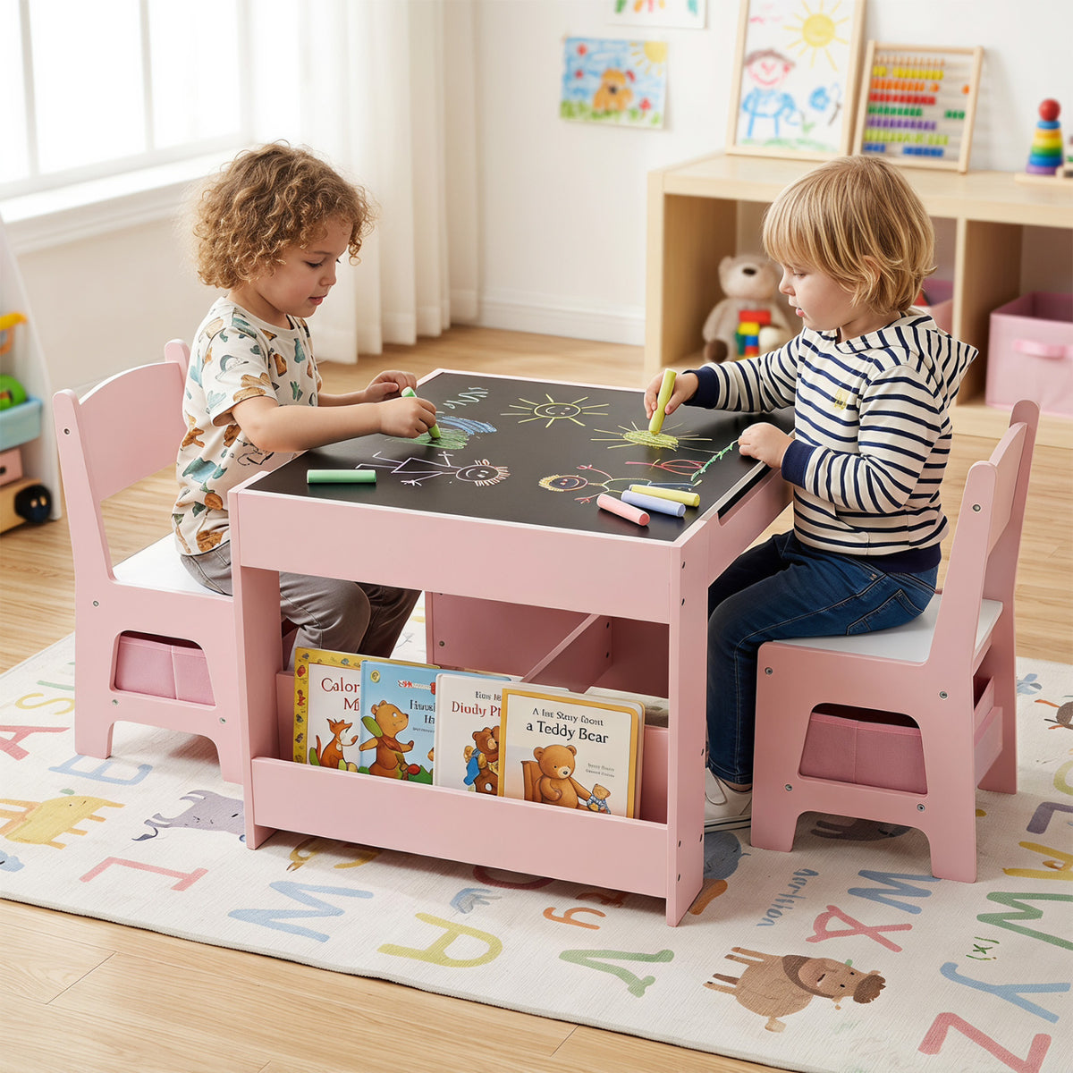 1 Kids Table and Chairs with Building Blocks and Bookshelves