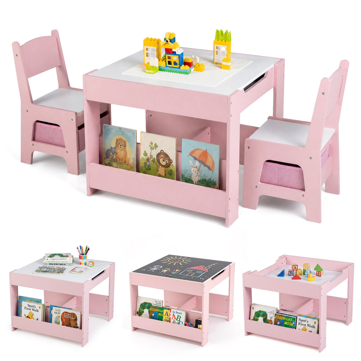 1 Kids Table and Chairs with Building Blocks and Bookshelves