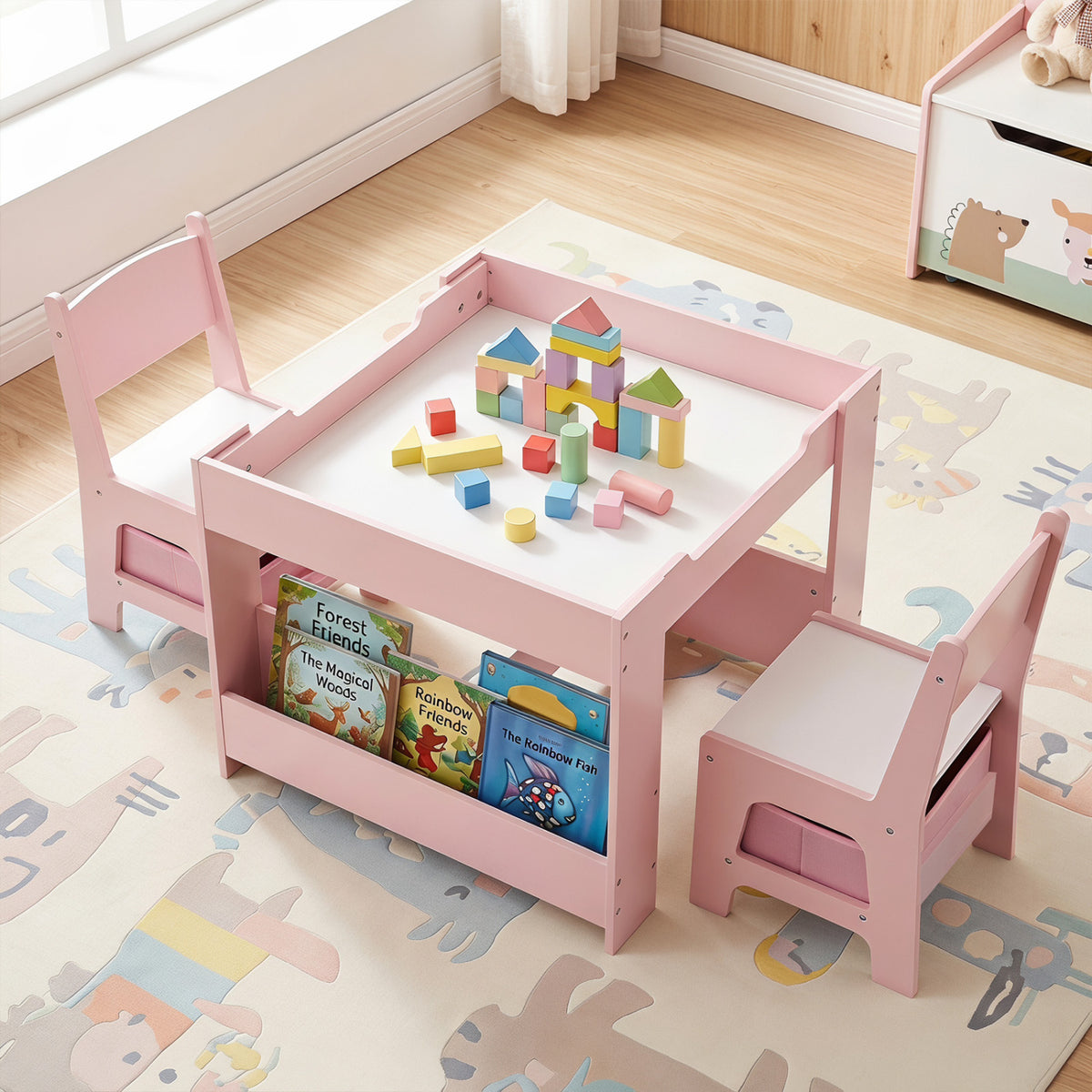 1 Kids Table and Chairs with Building Blocks and Bookshelves