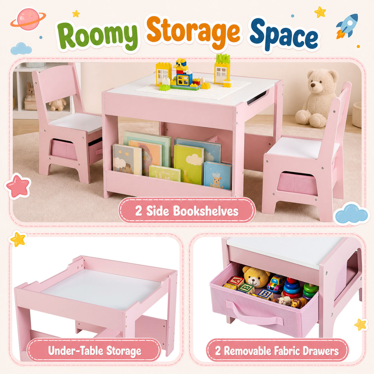 1 Kids Table and Chairs with Building Blocks and Bookshelves
