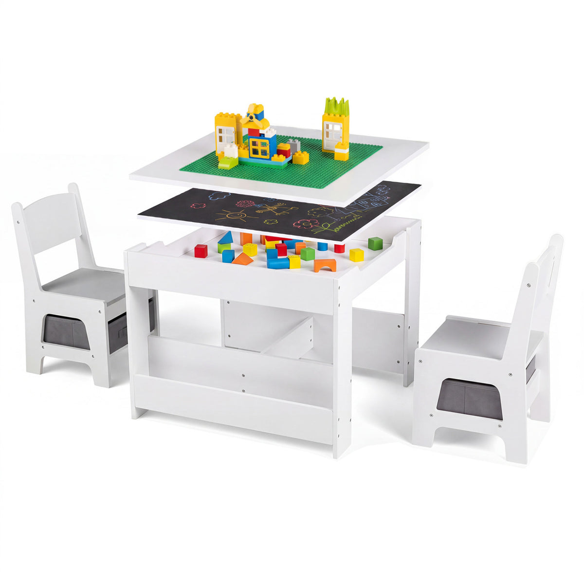 1 Kids Table and Chairs with Building Blocks and Bookshelves