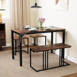4 Pieces Industrial Dining Table Set with Bench and 2 Stools