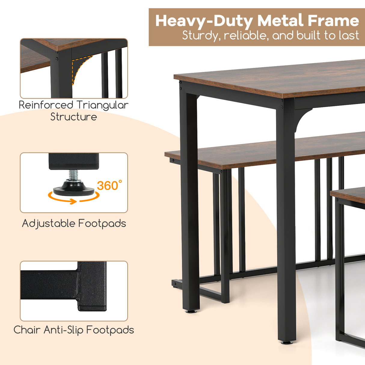 4 Pieces Industrial Dining Table Set with Bench and 2 Stools