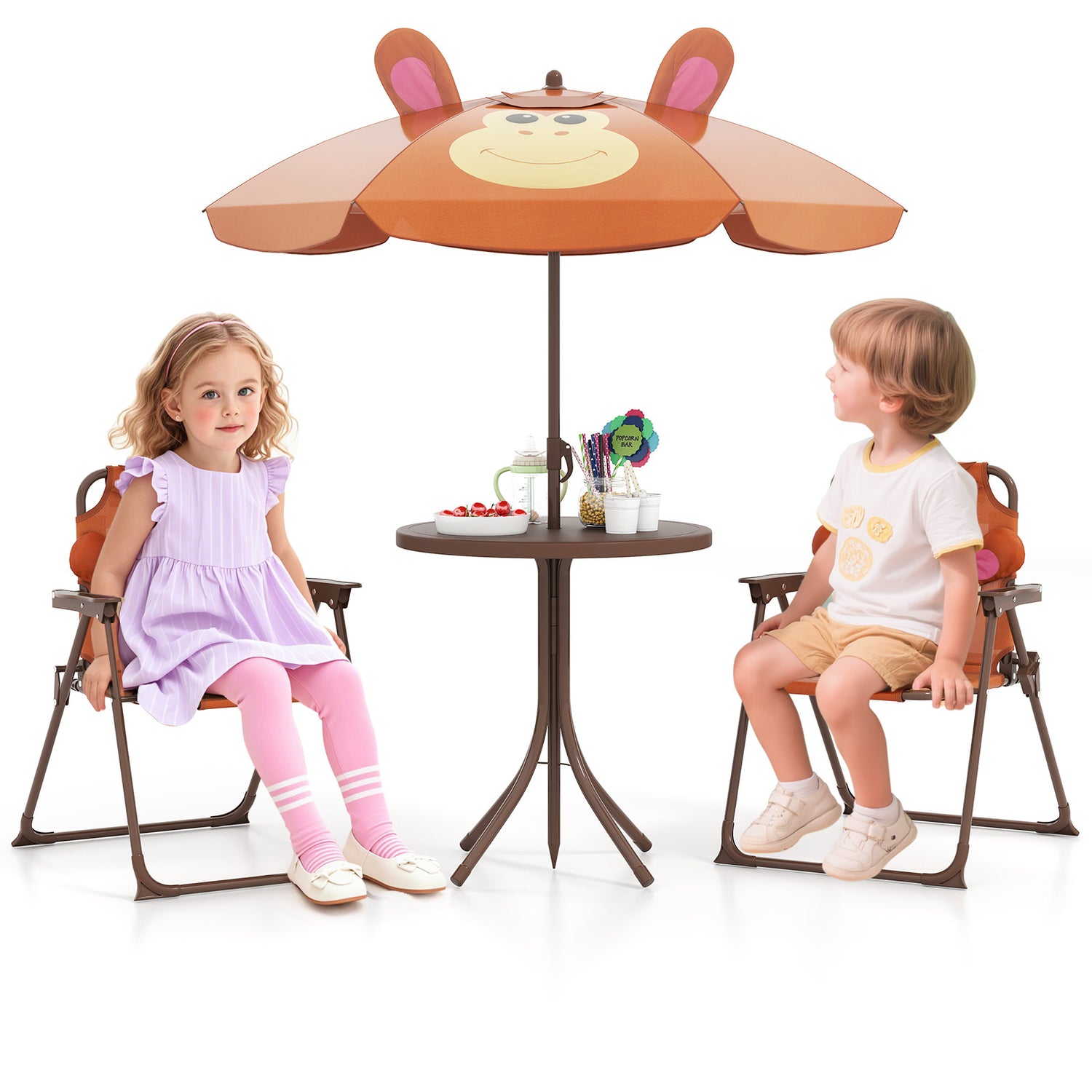 4 Pieces Kids Picnic Set with 2 Folding Chairs and Height Adjustable Umbrella