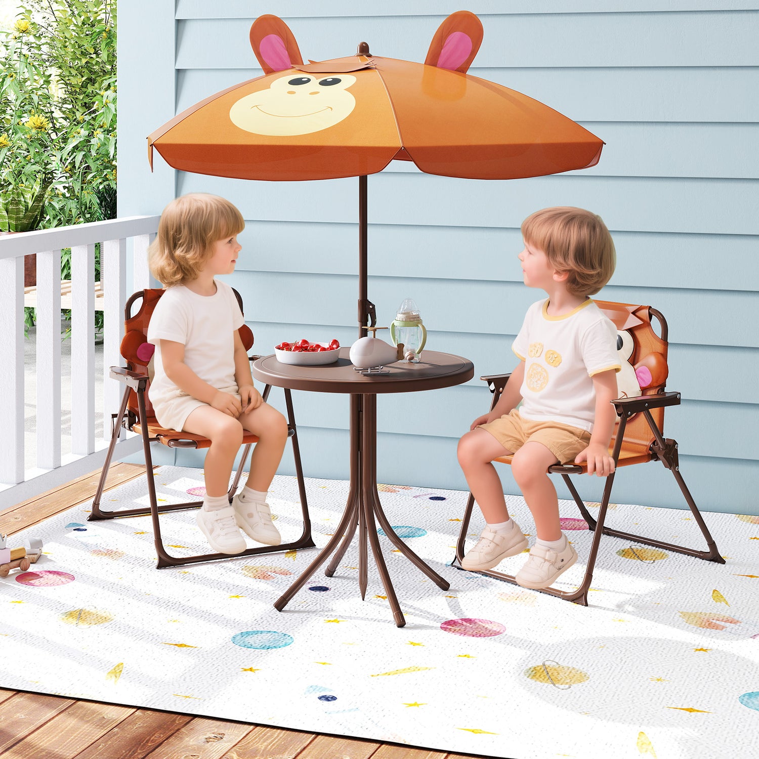 4 Pieces Kids Picnic Set with 2 Folding Chairs and Height Adjustable Umbrella