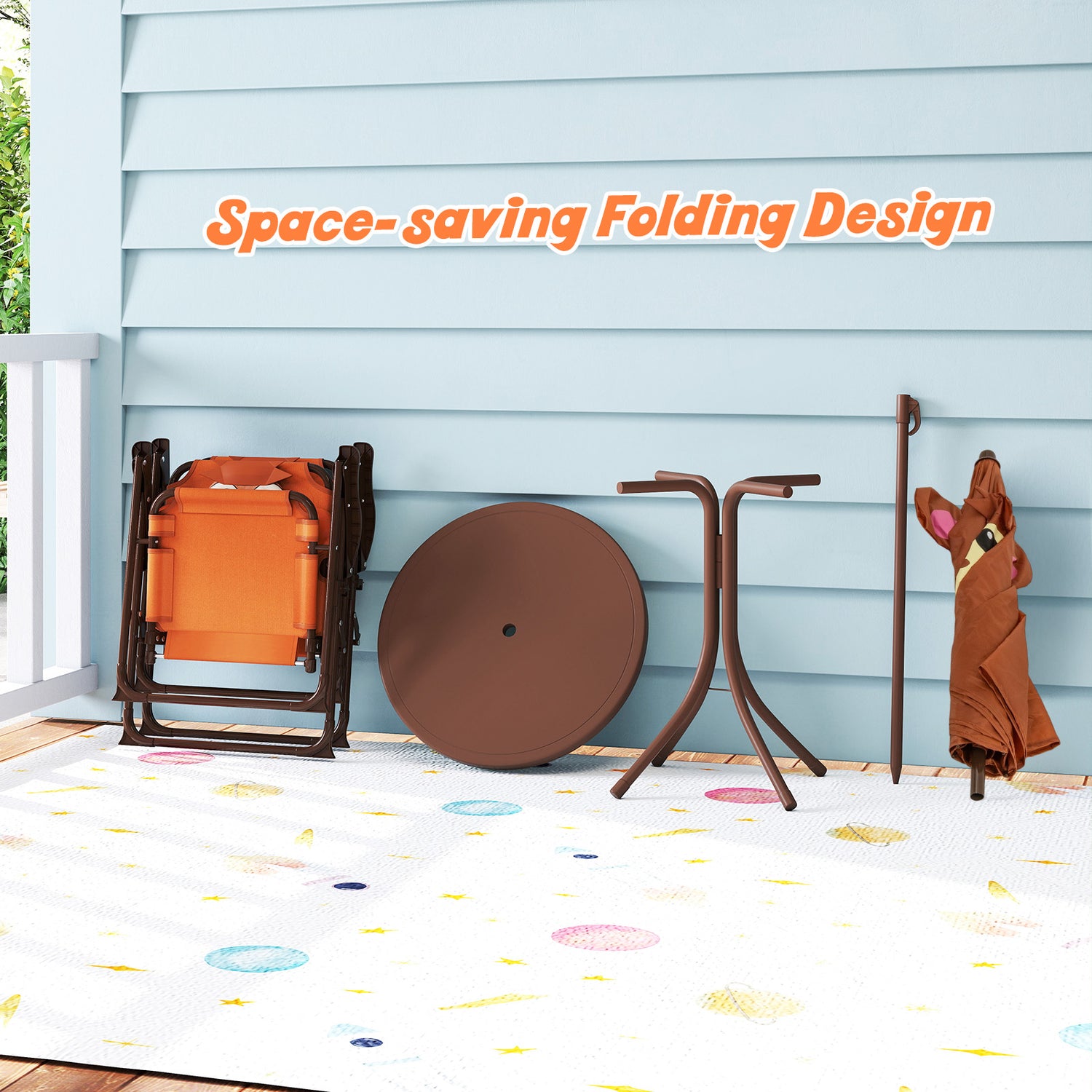 4 Pieces Kids Picnic Set with 2 Folding Chairs and Height Adjustable Umbrella