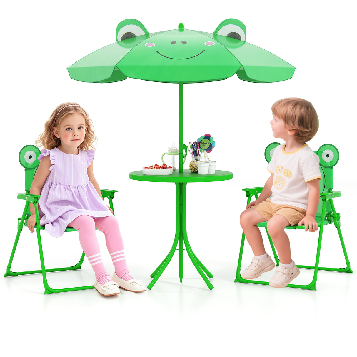 4 Pieces Kids Picnic Set with 2 Folding Chairs and Height Adjustable Umbrella
