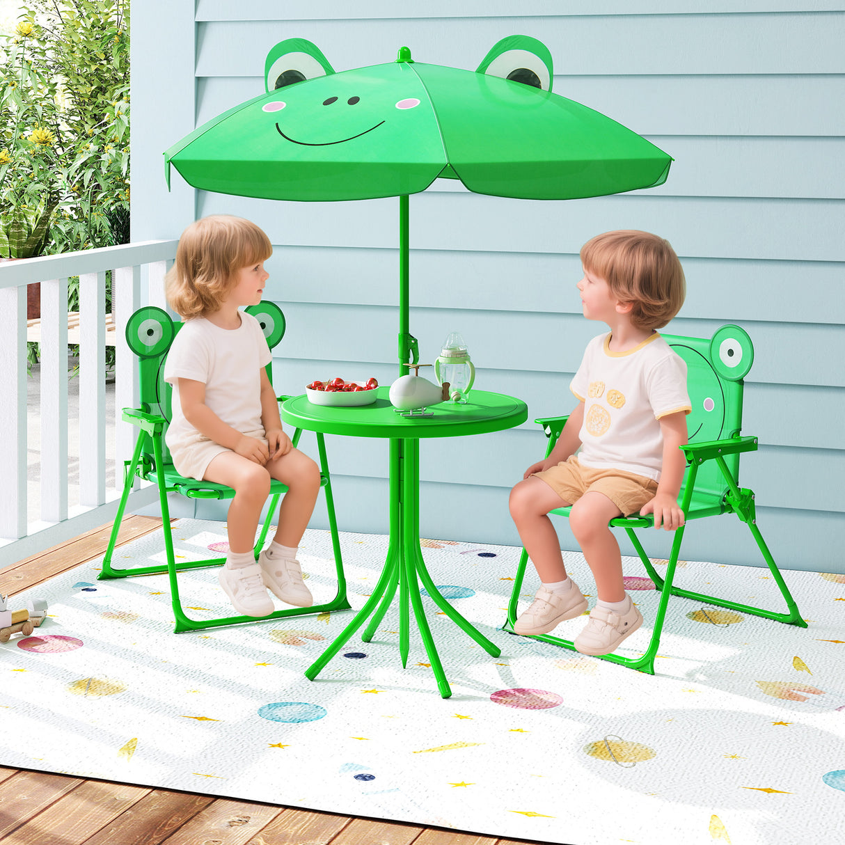 4 Pieces Kids Picnic Set with 2 Folding Chairs and Height Adjustable Umbrella