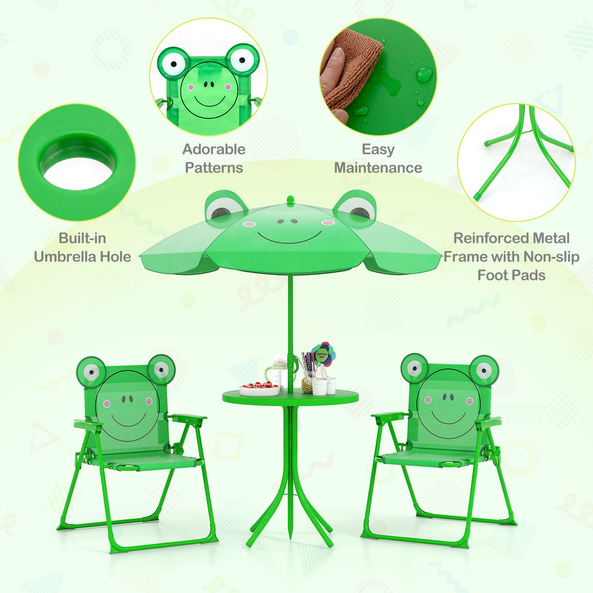 4 Pieces Kids Picnic Set with 2 Folding Chairs and Height Adjustable Umbrella