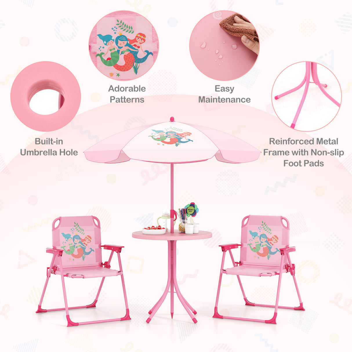 4 Pieces Kids Picnic Set with 2 Folding Chairs and Height Adjustable Umbrella