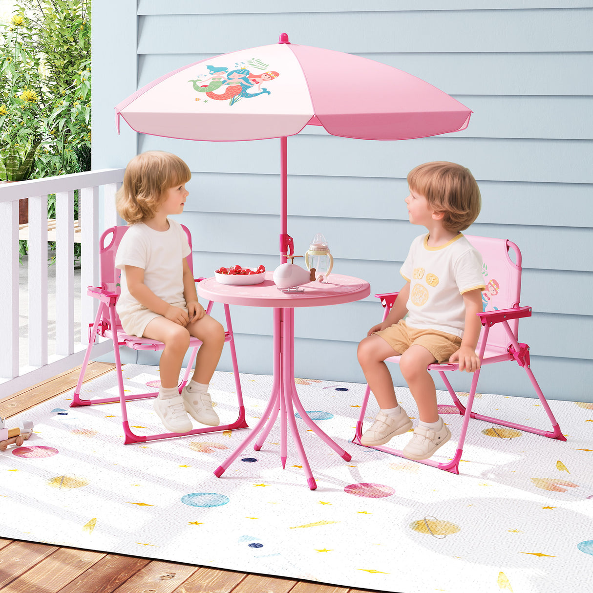 4 Pieces Kids Picnic Set with 2 Folding Chairs and Height Adjustable Umbrella
