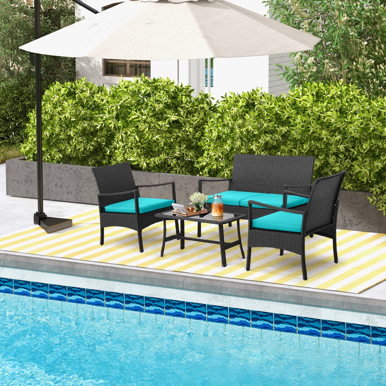 4 Pieces Rattan Conversation Set with Tempered Glass Coffee Table