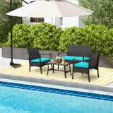 4 Pieces Rattan Conversation Set with Tempered Glass Coffee Table