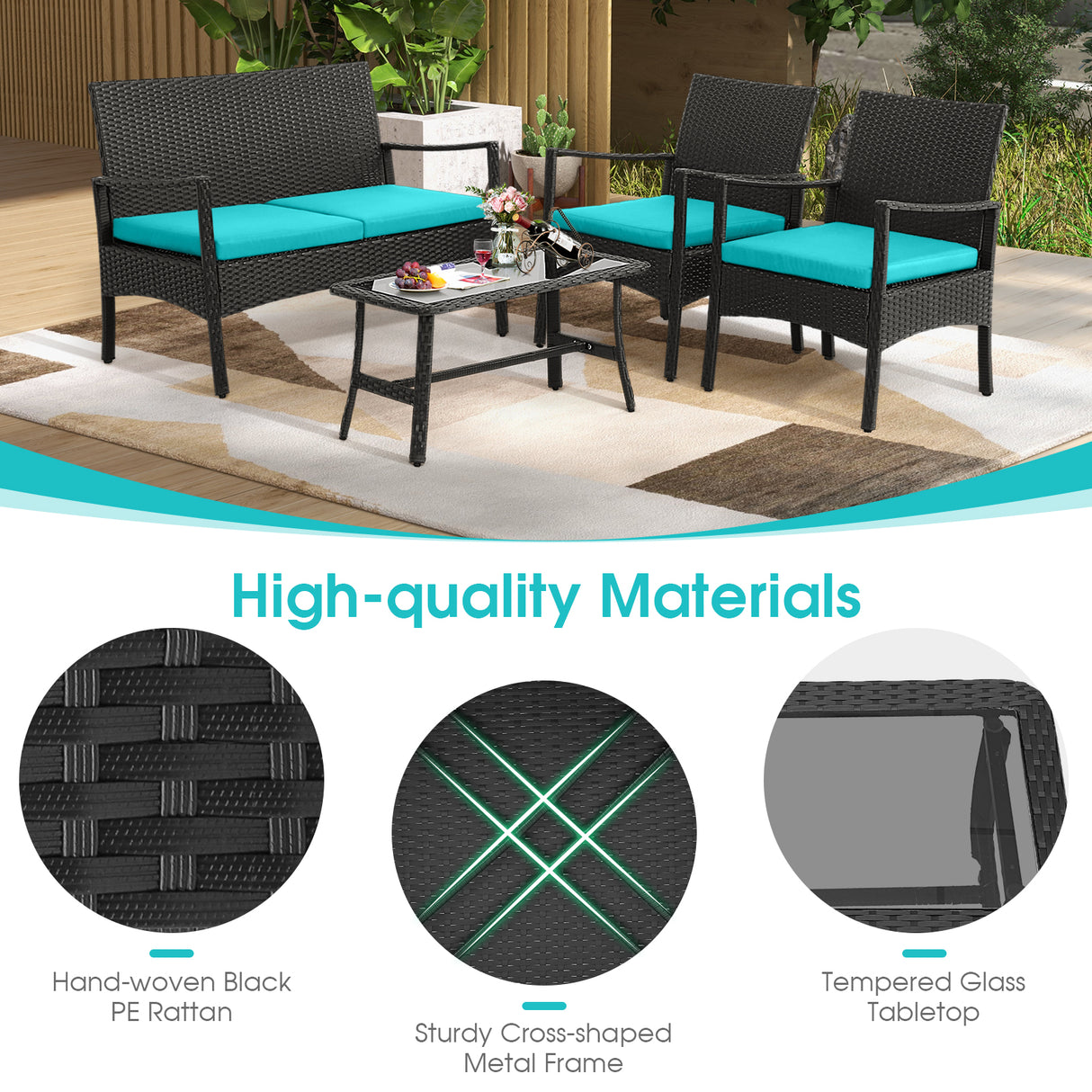 4 Pieces Rattan Conversation Set with Tempered Glass Coffee Table