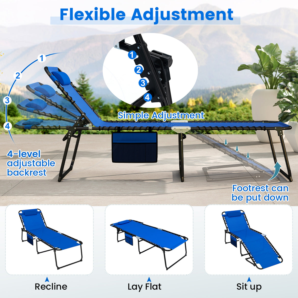 4 Position Folding Lounge Chaise with Adjustable Backrest and Footrest
