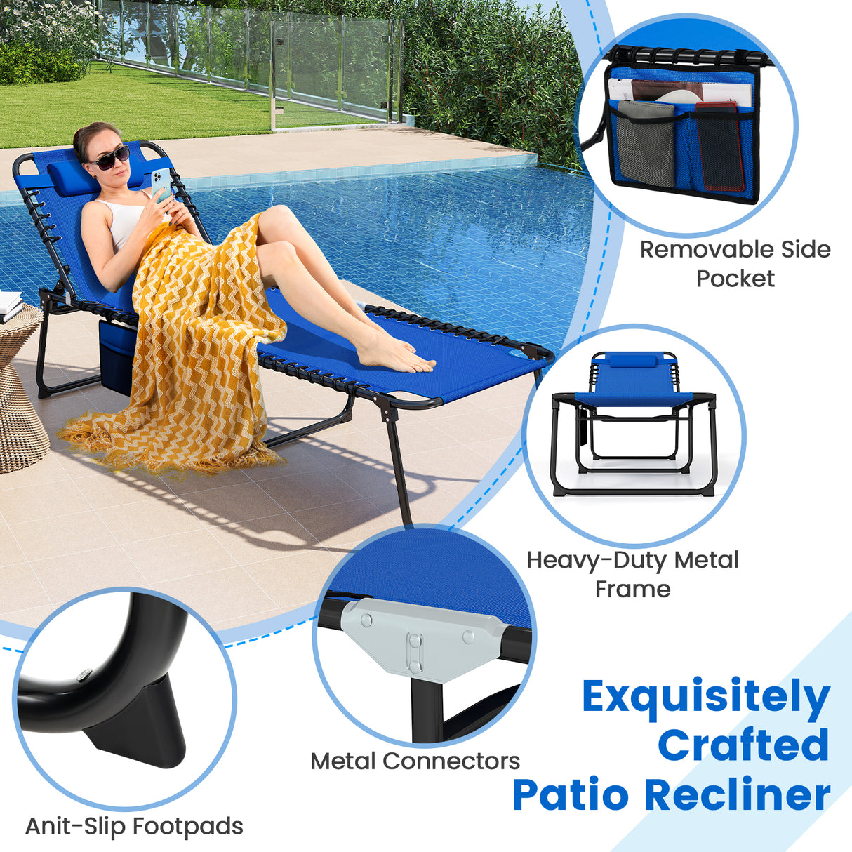 4 Position Folding Lounge Chaise with Adjustable Backrest and Footrest