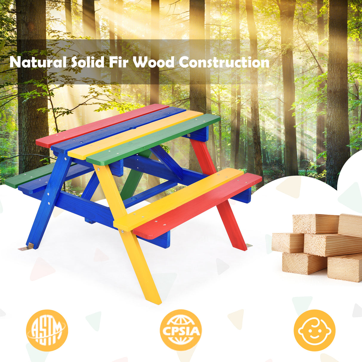 Outdoor 4-Seat Kid's Picnic Table Bench with Umbrella