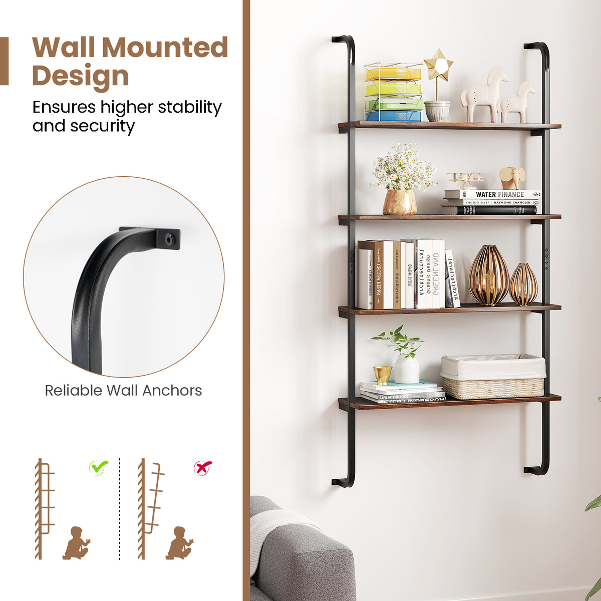4-Tier Industrial Pipe Shelving with Metal Frame for Living Room Kitchen
