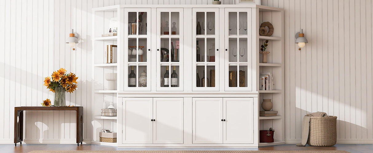 2x 75.25'' Tall Display Cabinets and Two Triangle Sided Bookshelves, 105.5'' Wide Retro Style Wall Suit with Glass Doors, for Hallways, Living room, Office, Studio or Workspace - White