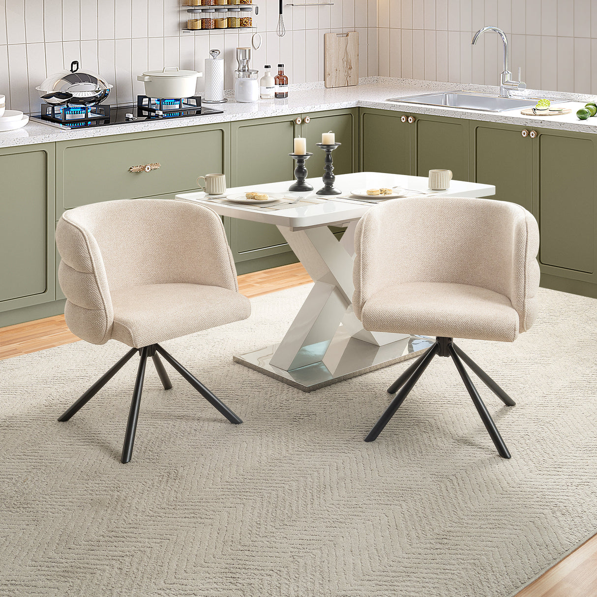 270° Swivel Home Office Desk Chairs Set of 2,Modern Dining Chairs, Upholstered Bedroom Chairs with Metal Base,Makeup Chair for Vanity, for Living Room, Bedroom,Study Room,Dining Room(Beige)