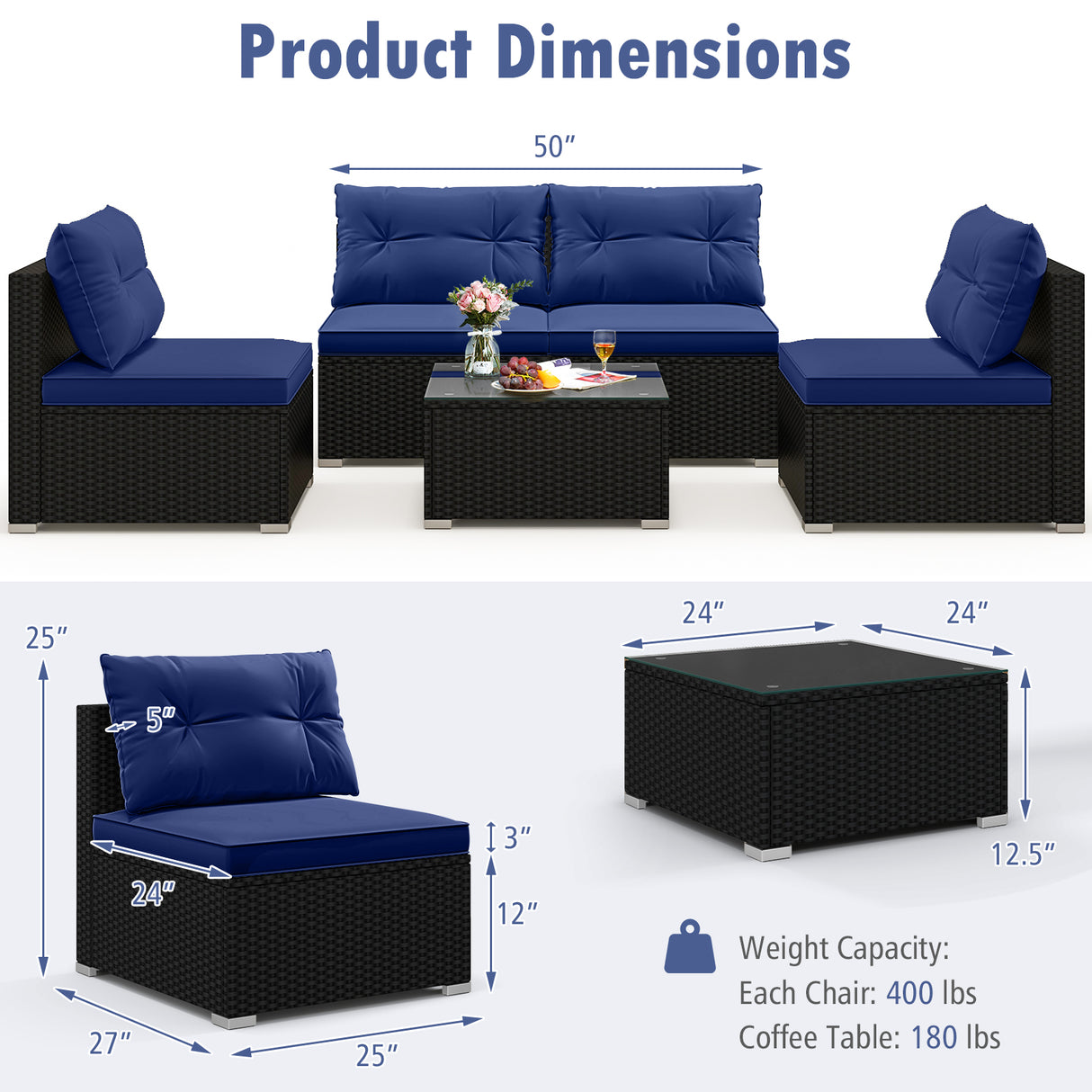 5-Piece Outdoor Patio Furniture Set with Cushions and Coffee Table