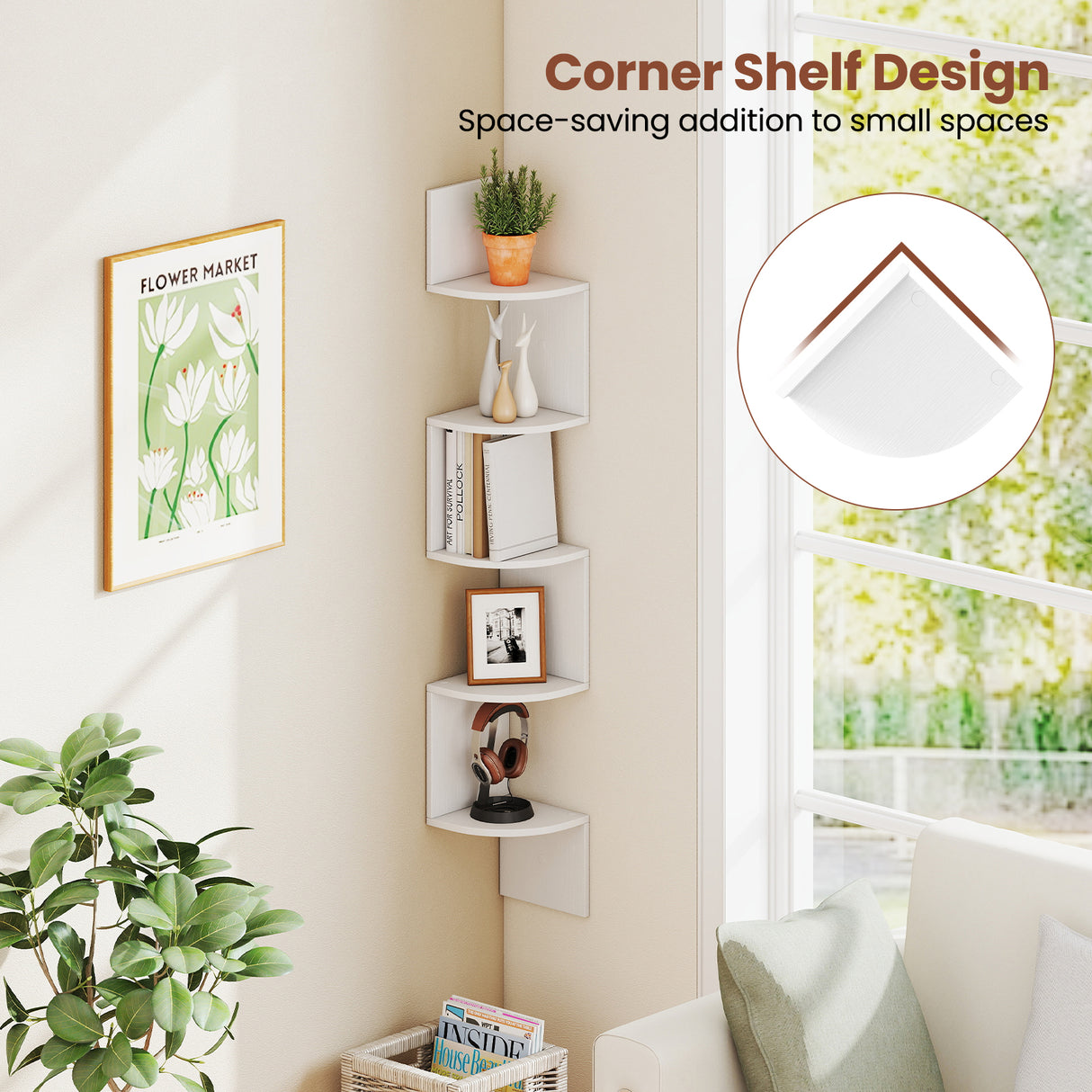 5-Tier Corner Shelf Floating Bookshelf Wall Mounted Storage Organizer