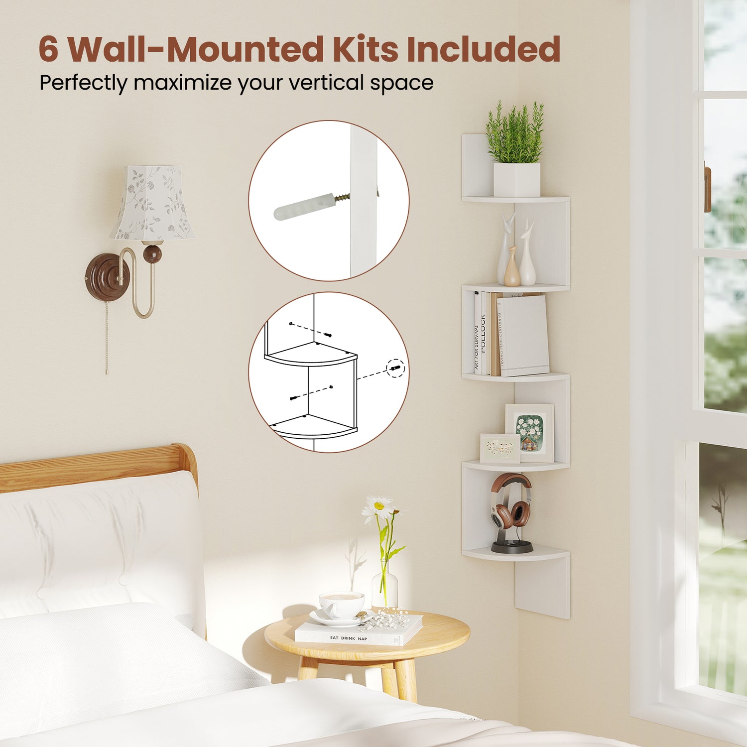 5-Tier Corner Shelf Floating Bookshelf Wall Mounted Storage Organizer