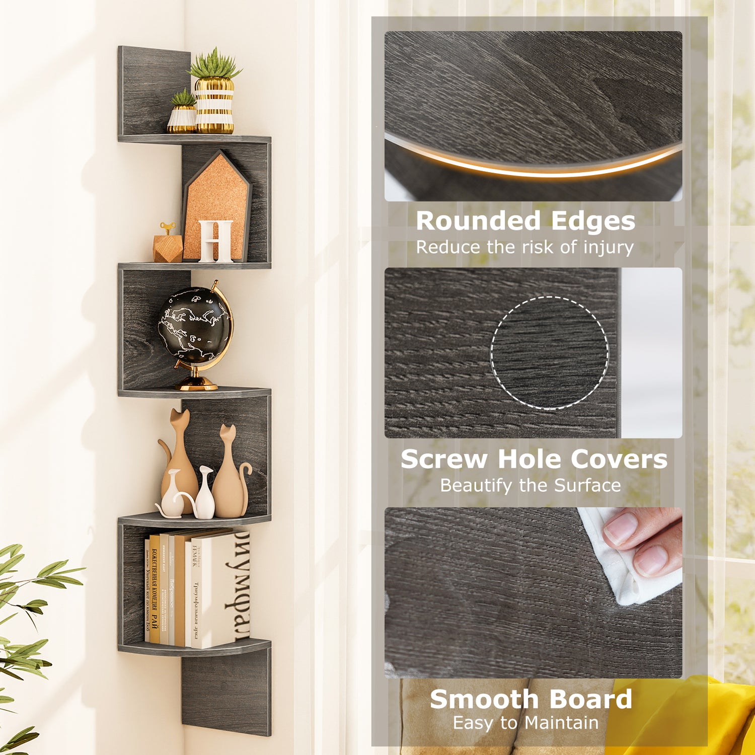 5-Tier Corner Shelf Floating Bookshelf Wall Mounted Storage Organizer